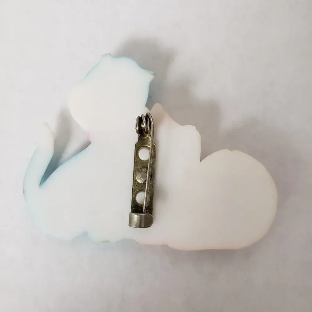 Vintage Pink Kitty Blue Cat Love Plastic Brooch Pin Pinback Girls